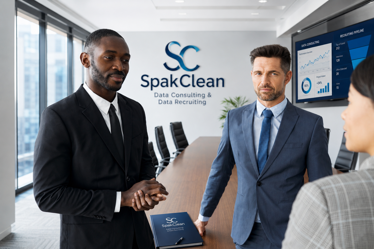SpakClean recruiters meeting with an employer beside a data hiring pipeline screen