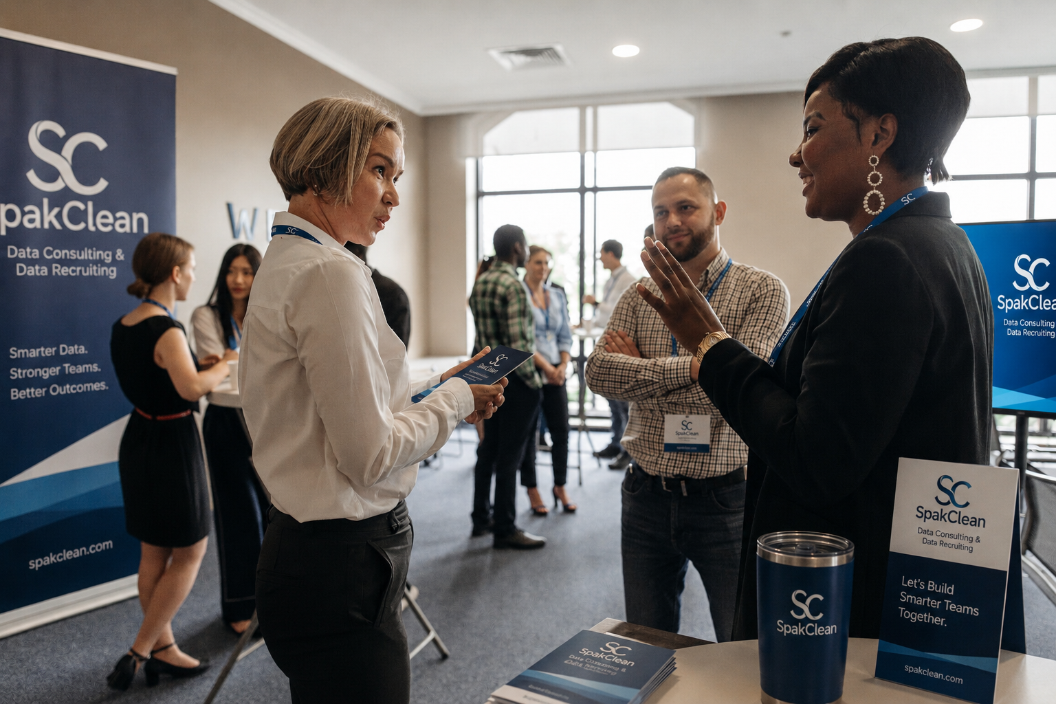 Data professionals networking with SpakClean recruiters at a branded hiring event