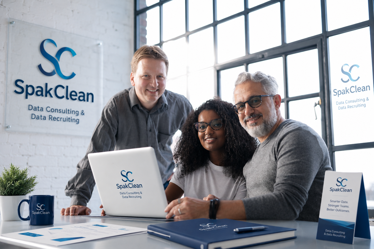 SpakClean consultants reviewing results with a client on a laptop in a branded office