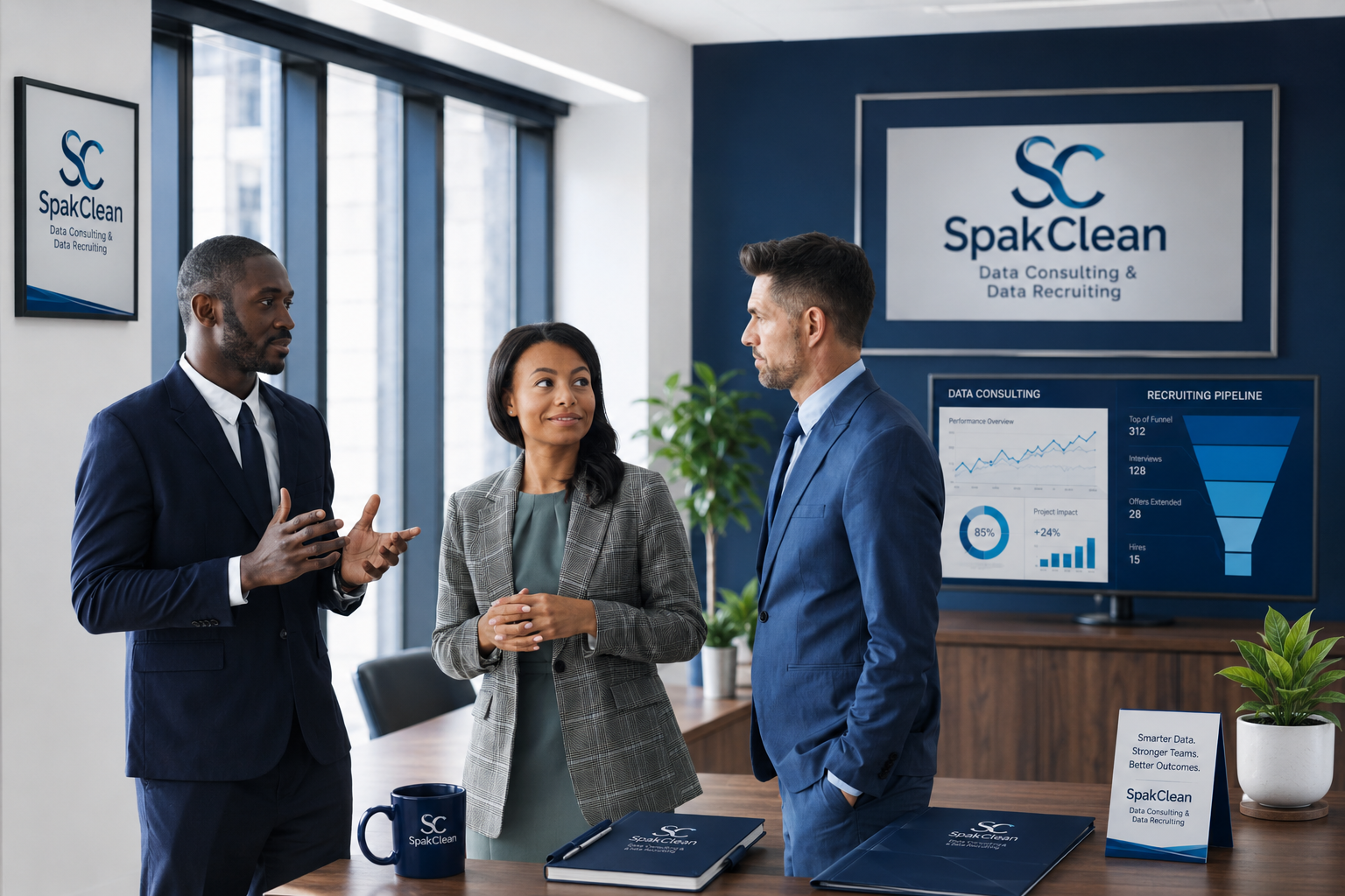 SpakClean data consultants advising clients in front of a live performance dashboard
