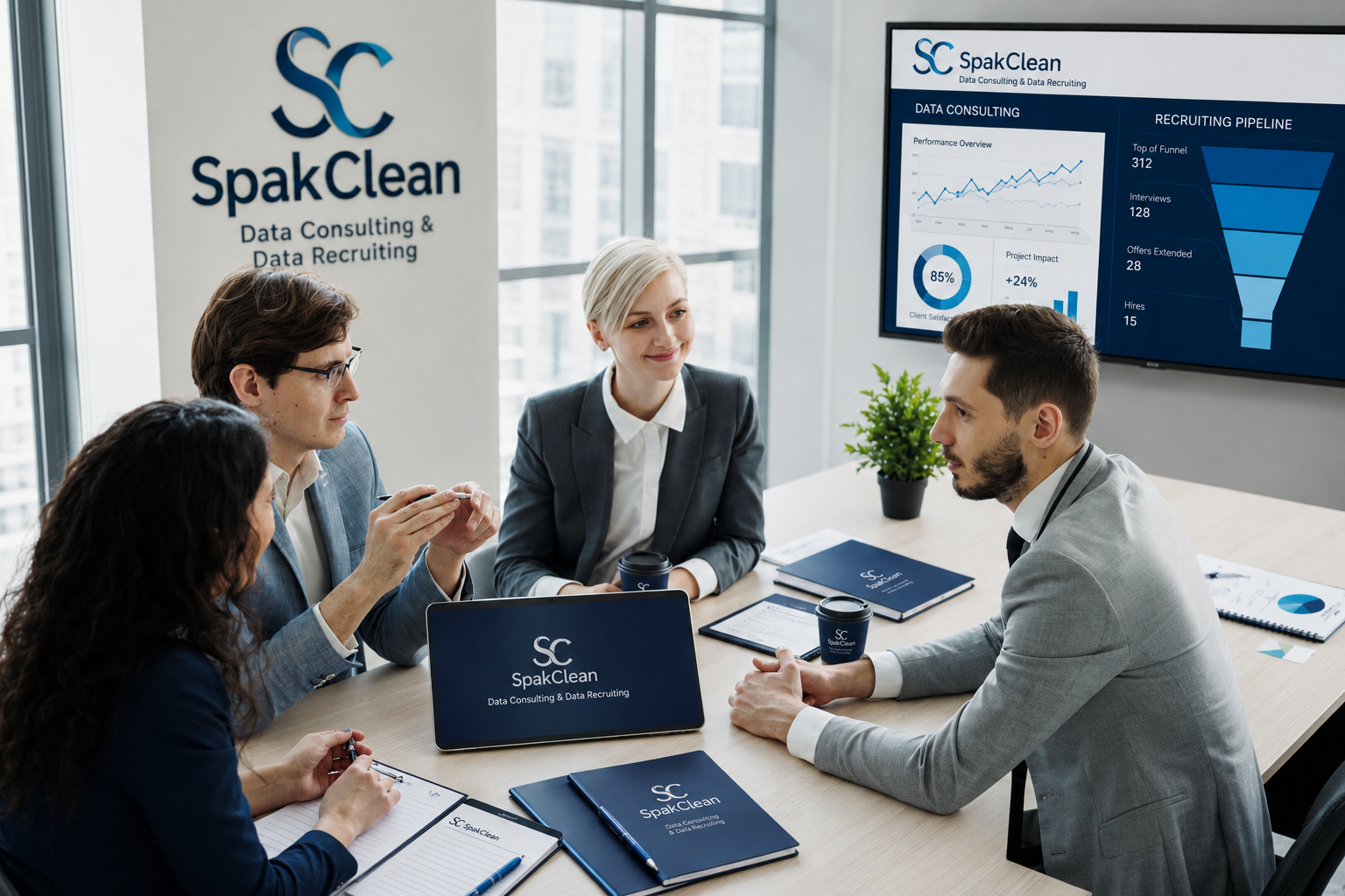 SpakClean team leading a data strategy meeting with a consulting dashboard on screen