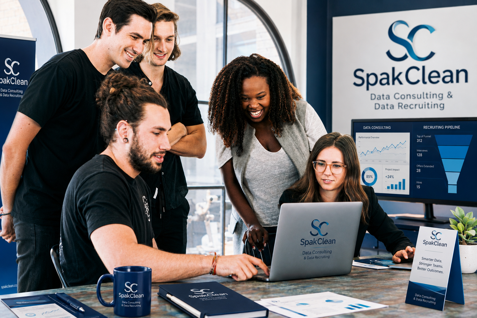 A SpakClean data team reviewing recruiting pipeline metrics together on a laptop
