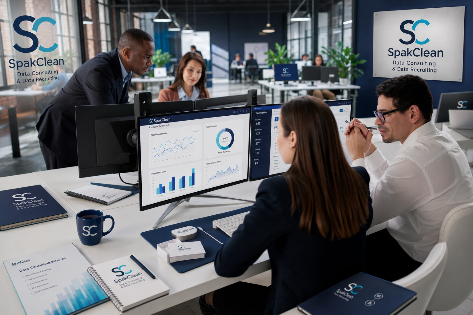 SpakClean consultants reviewing an executive data dashboard on dual monitors