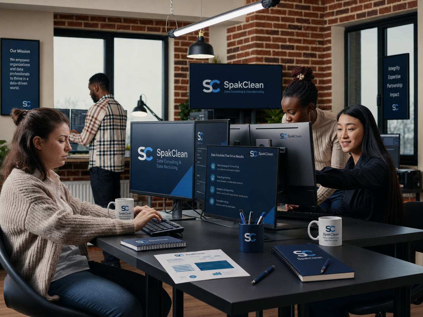 SpakClean team at work beside the company mission and data solutions displays in a branded office