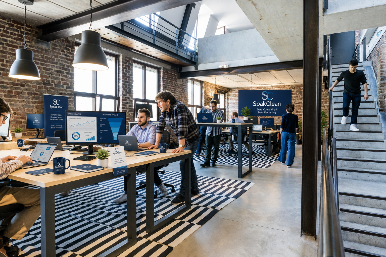SpakClean's open data workspace with analysts working beneath branded dashboards