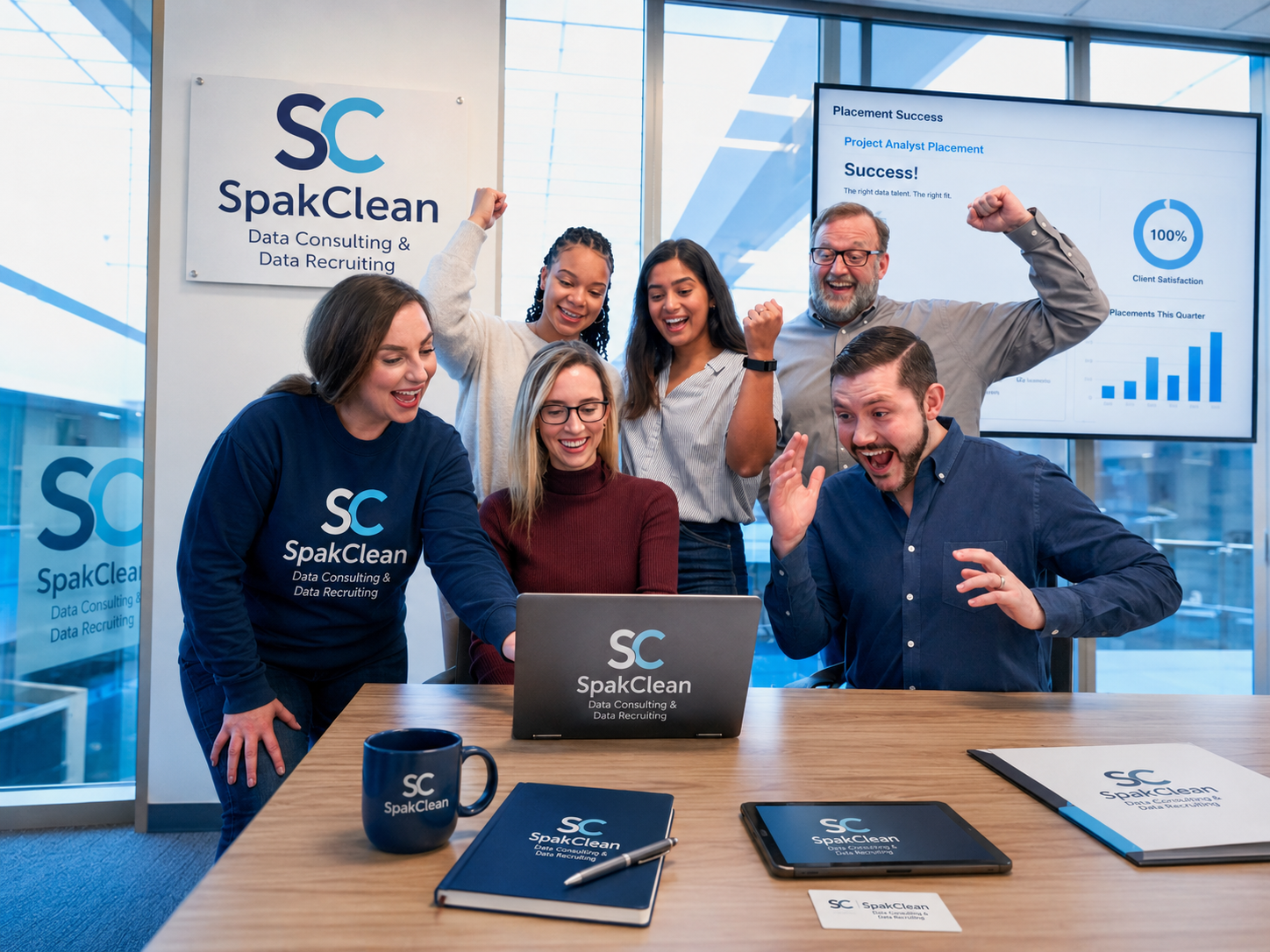 SpakClean recruiting team celebrating a successful data analyst placement