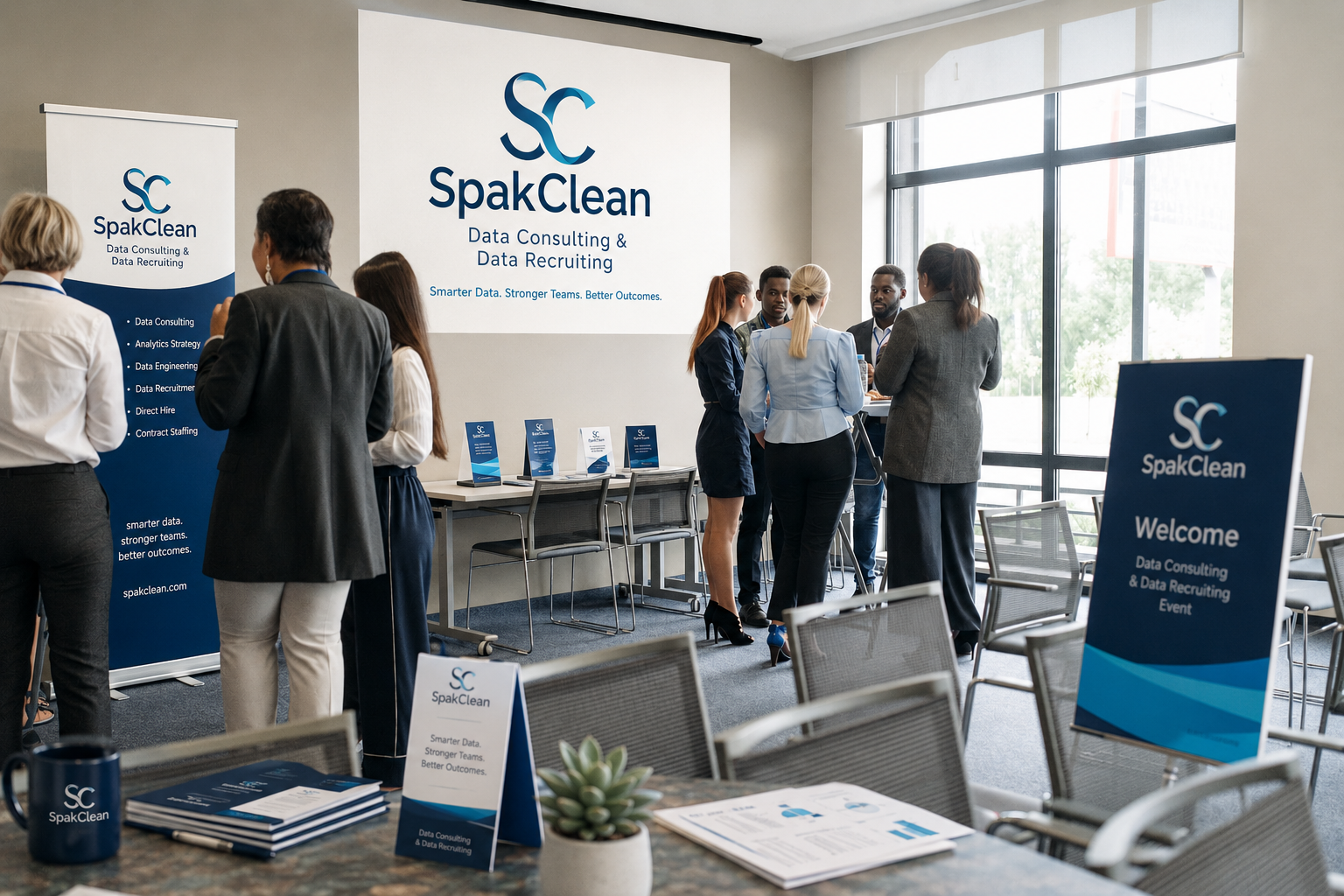 SpakClean data consulting and recruiting event with branded stands and attendees
