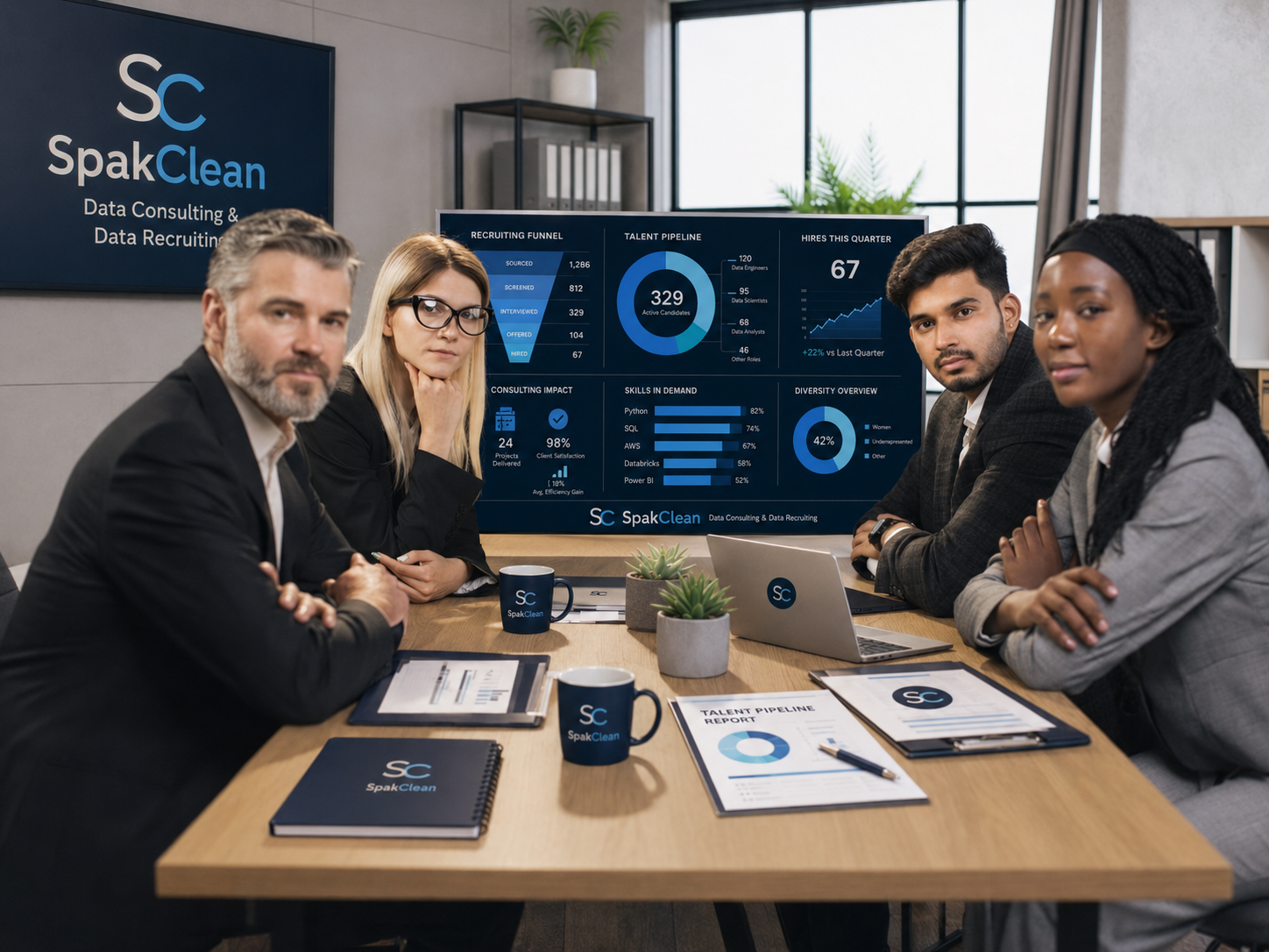 SpakClean recruiters reviewing a data hiring funnel and talent pipeline dashboard