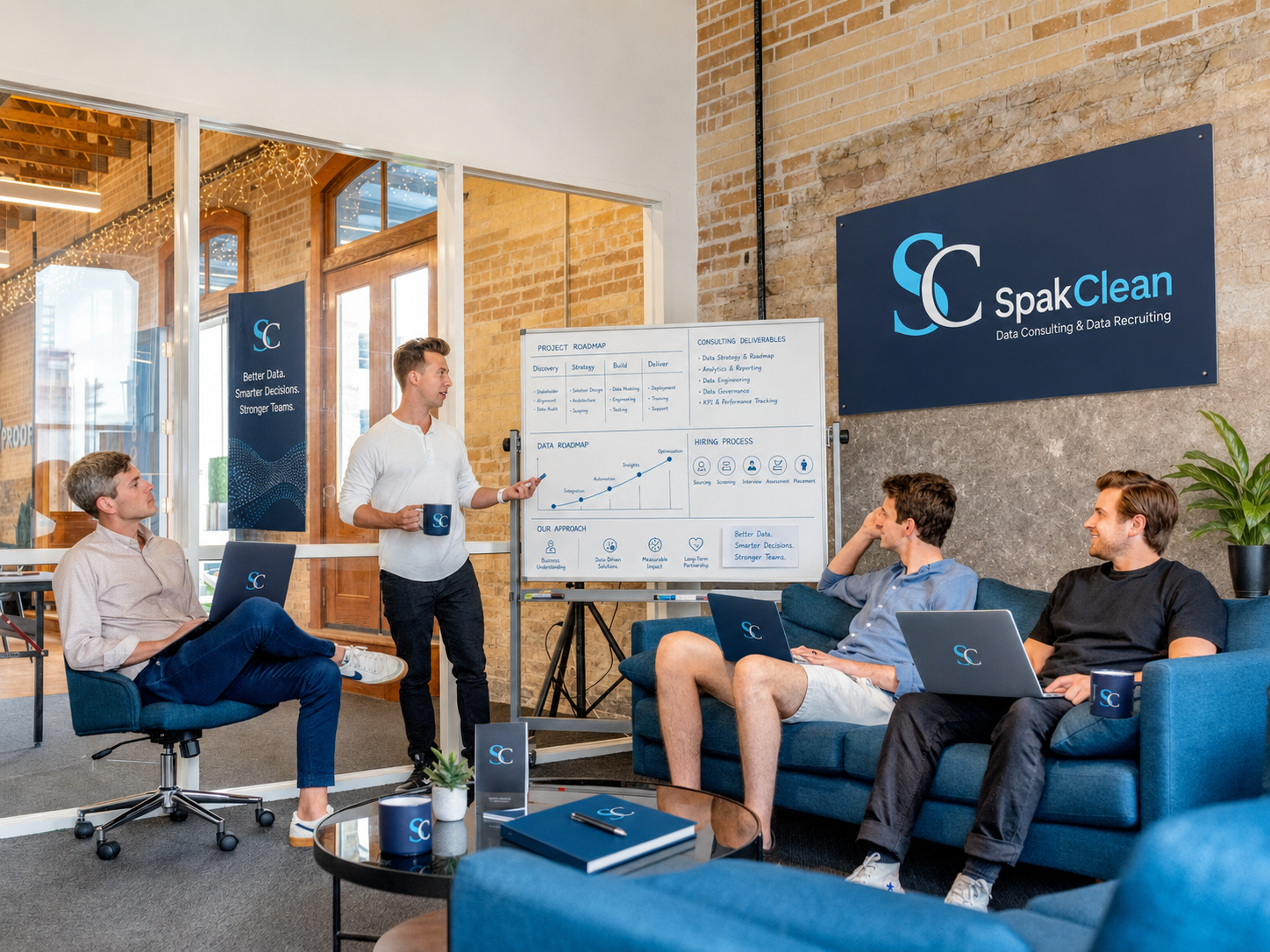 SpakClean consultant presenting a data project roadmap and delivery approach on a whiteboard