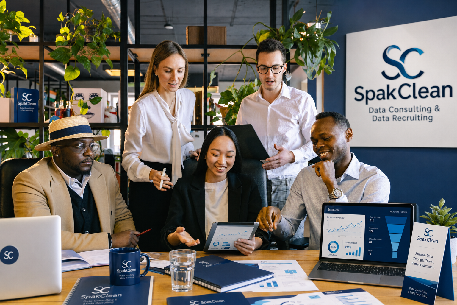 SpakClean data consulting team collaborating around a workstation with live analytics dashboards