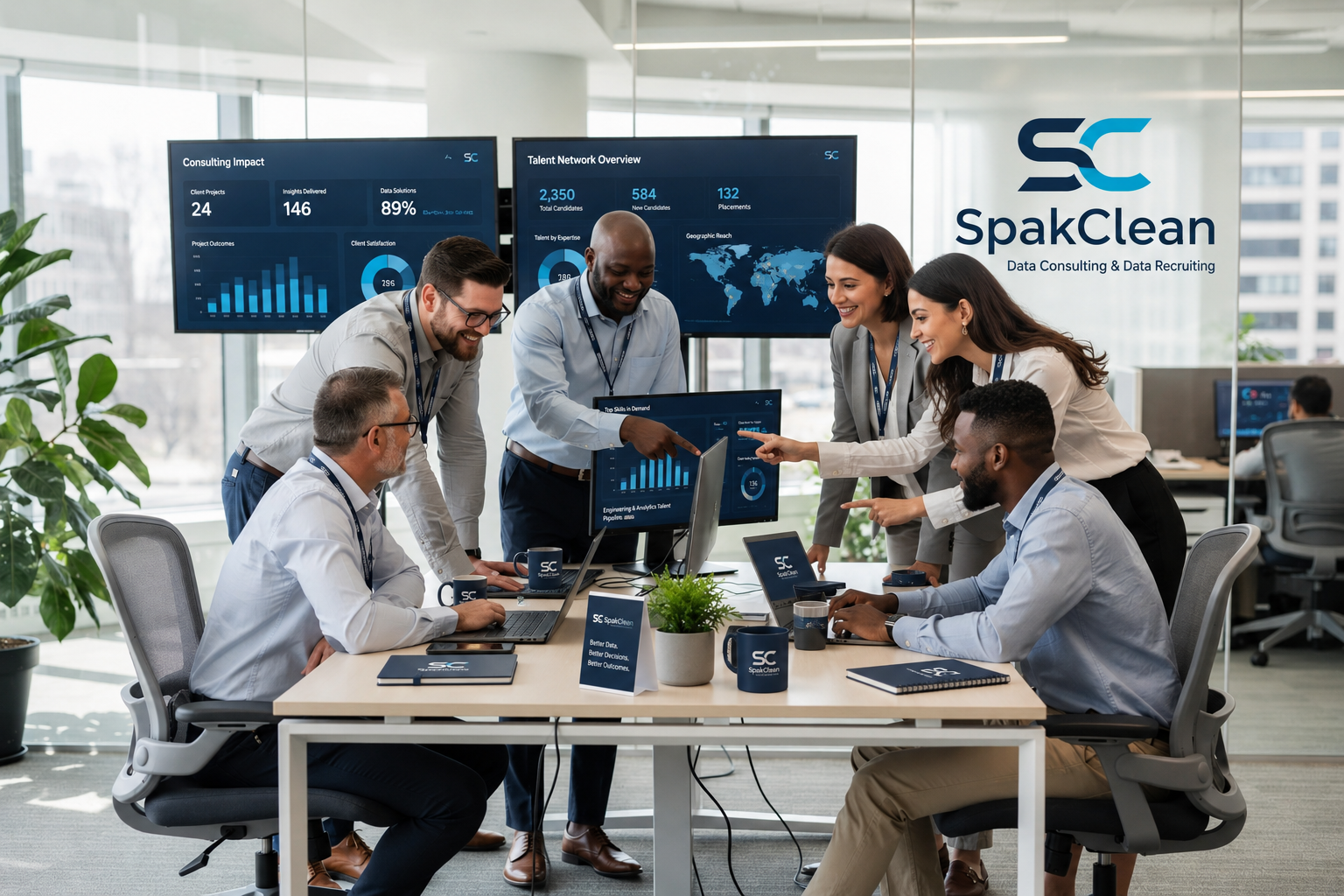 SpakClean team reviewing live data dashboards on large office screens