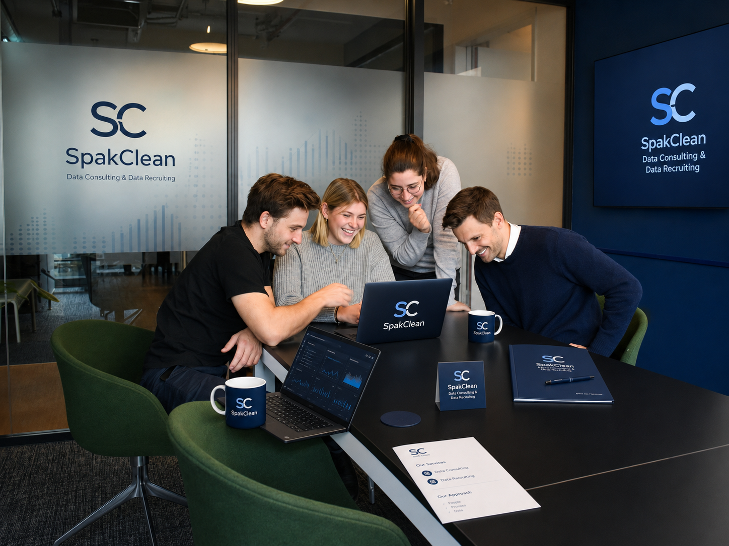 SpakClean data consulting and recruiting team collaborating over a laptop in a branded office